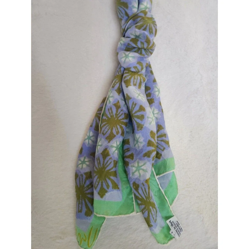 Vintage Vera Neumann Silk Scarf HandRolled Green Blue 60-70's Flower Geo Design